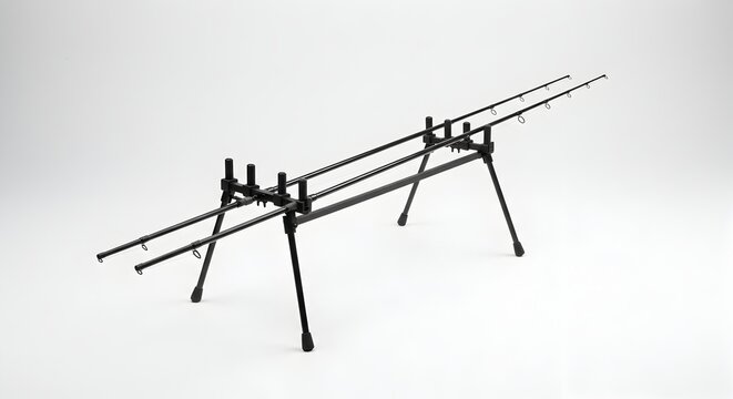 Black fishing rod pod with two fishing rods securely positioned on a bright background.