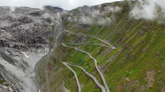 Drone overview shot of Prato allo Stelvio Pass, Italy