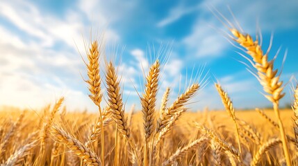 Fototapeta premium Golden wheat field with mature stalks under a partly cloudy sky, representing agricultural abundance and harvest season
