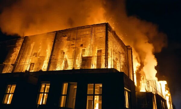 Huge fire blazing in apartment building. Burning house is engulfed in flames at night during the disastrous