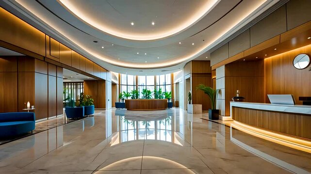 Elegant hotel lobby interior with wooden panels and modern lighting design