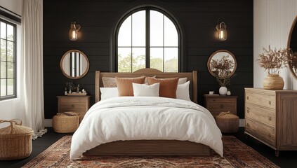 Fototapeta premium Modern Farmhouse Bedroom with Black Shiplap Walls and Wooden Dressers