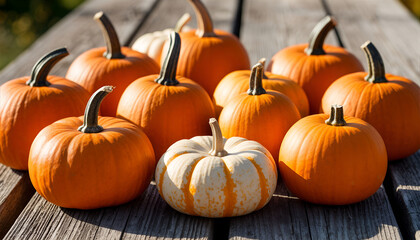 Group of Pumpkins on Rustic Wooden Table in Autumn