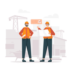 Two contractor characters are discussing about construction progress vector illustration