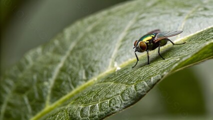 Fototapeta premium Vibrant Green Fly on Lush Leaf Close up Macro Shot Nature s Beauty