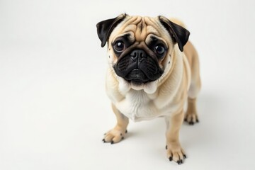Obraz premium Charming pug looking directly at camera, pure white background, puppy, doggy