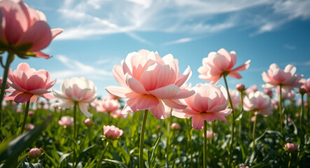 Obraz premium Pink Peony Field in Sunlight, Blooming Peony Field, Golden Peony Garden.