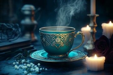 A gothic-style chamomile tea cup on an antique table, surrounded by dark roses and candlelight