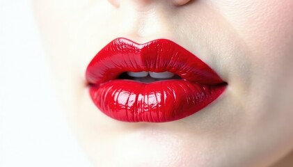 Obraz premium Highly saturated red lip color against pure white, minimal, advertising