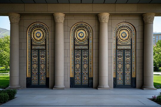 A grand mosaic inside a government building, displaying the unity of the Soviet republics with bold, golden details