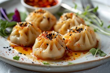 Tibetan Momos trio plated on herbal broth pool, crisp garnish and chili oil dots,