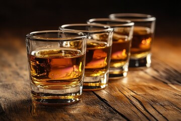 whiskey-filled shot glasses on wooden table with dark background