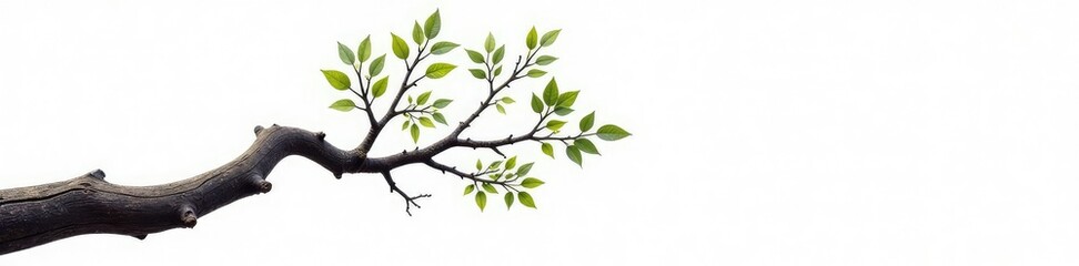 Single branch with gnarled trunk on white background, bark, abstract