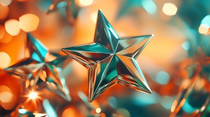 Sparkling glass star ornament reflecting warm golden light with festive bokeh background, creating an elegant and enchanting holiday ambiance