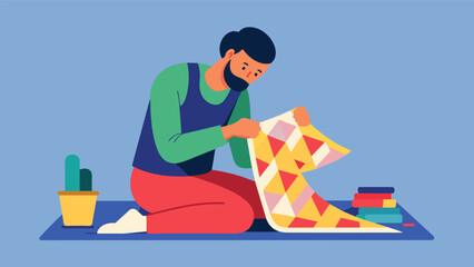 A volunteer using their creative skills to make handmade blankets for homeless shelters.. Vector illustration