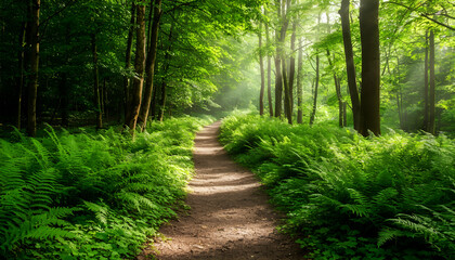 Obraz premium Pathway Through a Lush Green Forest with Sunlight