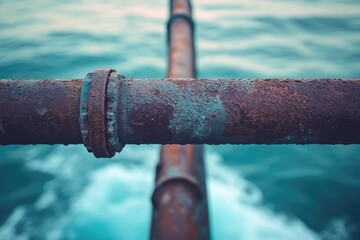 Rusty underwater pipes, showing age and corrosion, against a blurred teal ocean background.