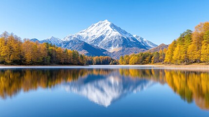 Serene autumn mountain lake.  A picturesque alpine lake reflecting a snow-capped mountain peak.  Vibrant autumn foliage surrounds the tranquil water