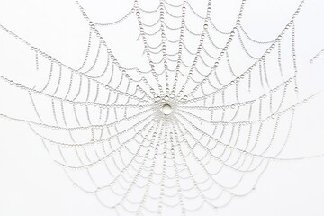 Intricate spiderweb adorned with glistening morning dew drops, a delicate natural design.