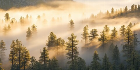 Fototapeta premium A misty forest at dawn, with sunlight filtering through tall trees, creating a serene atmosphere.