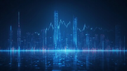 Abstract Financial Graph with Uptrend Line and Cityscape on Blue Background