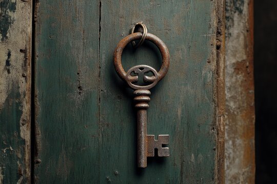 A mysterious old keychain with a rusted iron key attached, found in a dimly lit, antique shop
