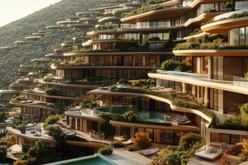 Luxurious hillside residential complex with terraced gardens and infinity pools.  Modern architecture seamlessly integrated with nature.