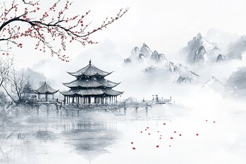 Traditional Chinese ink painting of ancient pavilions and red plum blossoms in misty mountains