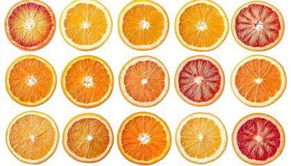 Arrangement of Sliced Oranges Showing Various Types on White Background with Pixel Artifacts