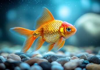 Vibrant Goldfish Swimming Gracefully in an Aquarium with Blue Tinted Water and Gravel Bottom in Macro Shot with Pixelated Render