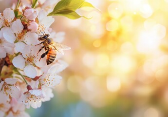 Honey Bee Gathering Nectar from White Cherry Blossom Flowers in Spring Season Against Bokeh Background with Warm Sunlight