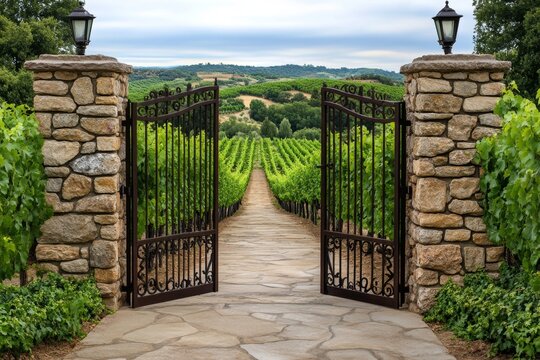 A rustic iron gate in a countryside vineyard, surrounded by rolling hills and golden grapevines
