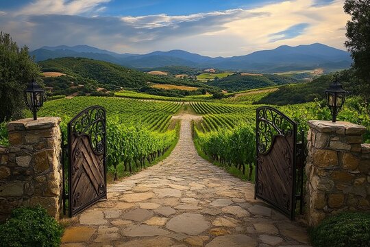 A rustic iron gate in a countryside vineyard, surrounded by rolling hills and golden grapevines