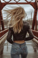 Blonde Woman in Leather Jacket on Metal Bridge with Wind Blown Hair Back View on Overcast Day