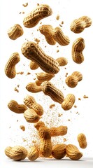 Studio Shot of Scattered Peanuts Floating Against White Background with Shells and Organic Texture in Clear Lighting