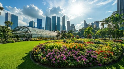 Fototapeta premium A vibrant garden with colorful flowers and modern skyscrapers under a bright sky.