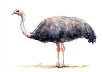 Watercolor Illustration of an Ostrich in Full Body Simple Design Standing on a White Background