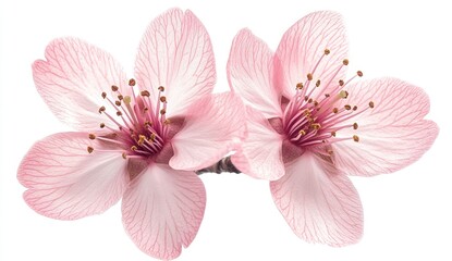 Two Pink Cherry Blossom Sakura Flowers Isolated on White Background with Intricate Petal Detail and Delicate Spring Bloom