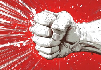 Powerful Cartoon Fist Punching with Red Background in Comic Style Illustration of Forceful White Hand Against Intense Red Backdrop