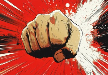 Powerful Fist Punching with Comic Style Radial Speed Lines in Red and White Background