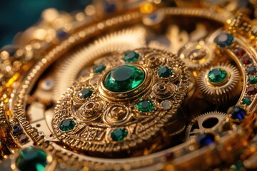 Intricate gold pocket watch adorned with emeralds and other gemstones, showcasing its complex mechanism.