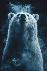 Dramatic Polar Bear Portrait Emerging From Darkness with White Fur Details and Intense Gaze with Dark Background and Ethereal Lighting Style