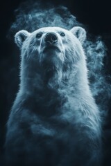 Majestic Polar Bear Portrait Emerging from Darkness with Snowy Fur and Powerful Stance in Low Light Environment