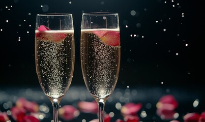 Two Champagne Glasses with Sparkling Bubbles and Rose Petals on a Black Reflective Surface for an Elegant Celebration