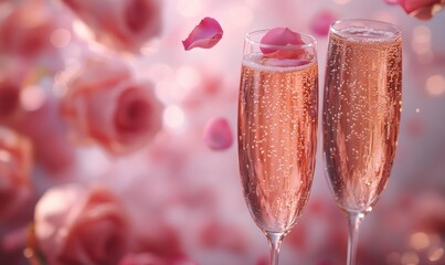 Two Glasses of Sparkling Champagne with Rose Petals and Bubbles in a Romantic Celebration Setting with Blurred Pink Floral Background
