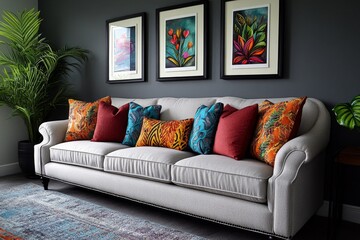 A soft watercolor painting of a cozy home with a beautifully decorated frame wall filled with personal memories