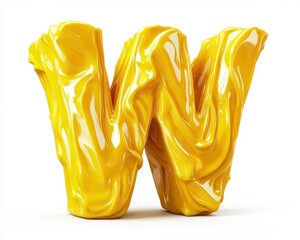 Glossy Yellow Letter W with Liquid Texture on White Background in Three Dimensional Rendering