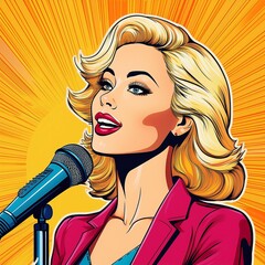 Attractive Blonde Singer With A Microphone, Retro Pop Art Style