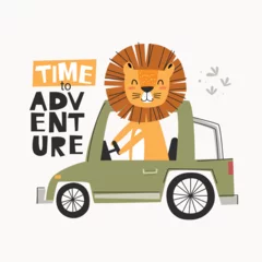 Fotobehang Cute cartoon Lion driving a car Time to Adventure vector Illustration for kindergarten background, kids poster decoration, book cover, apparel and others © NEMR Studio