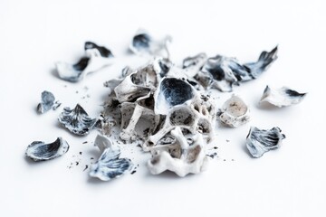 Broken seashell fragments scattered on a white background, showcasing intricate details and textures.
